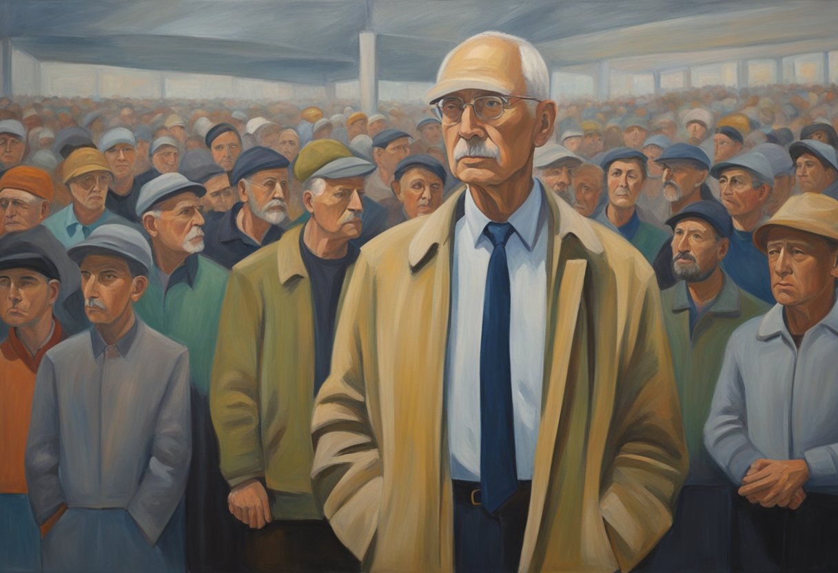 A man stands confidently, surrounded by a crowd offering advice. He calmly filters through the information, standing tall and strong in the face of his battle with cancer