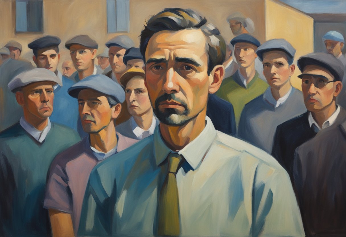 A man stands confidently, surrounded by a group of people offering advice. He listens intently, his expression determined and focused