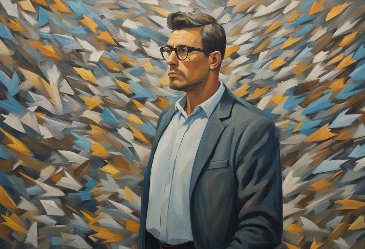 A man stands confidently, surrounded by a barrage of arrows and words representing unsolicited advice. He holds a shield, determined to deflect the unwanted input