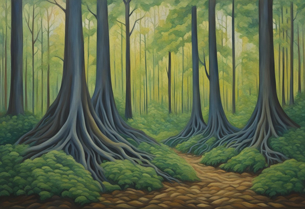 A group of trees intertwining their roots, supporting each other in a dense forest