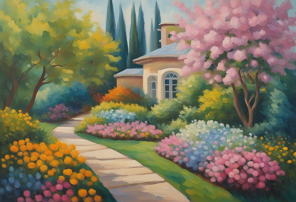 A peaceful garden with blooming flowers and a winding path leading to a welcoming healthcare facility