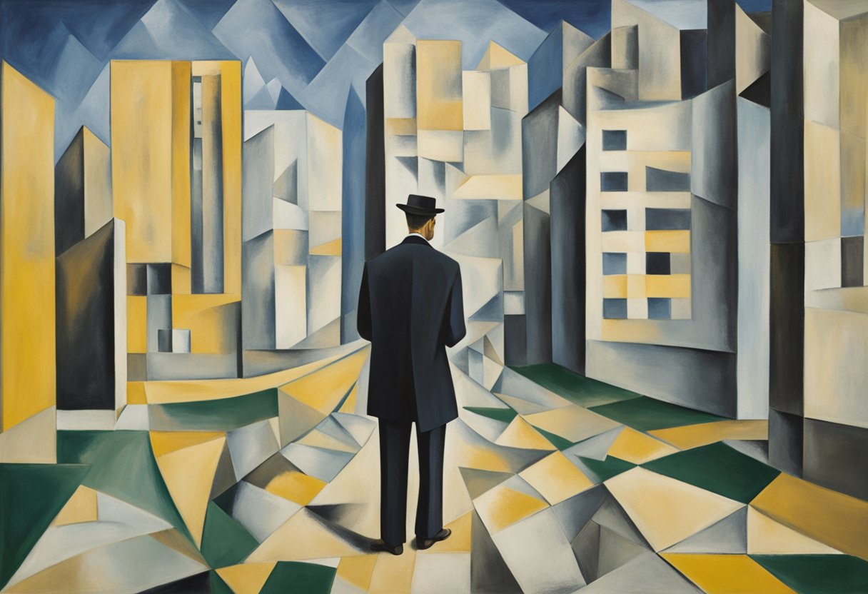 A man in a suit stands at a crossroads, one path leading to a corporate office, the other to a hospital. He holds a resume and a medical file, symbolizing his career transition as a cancer warrior