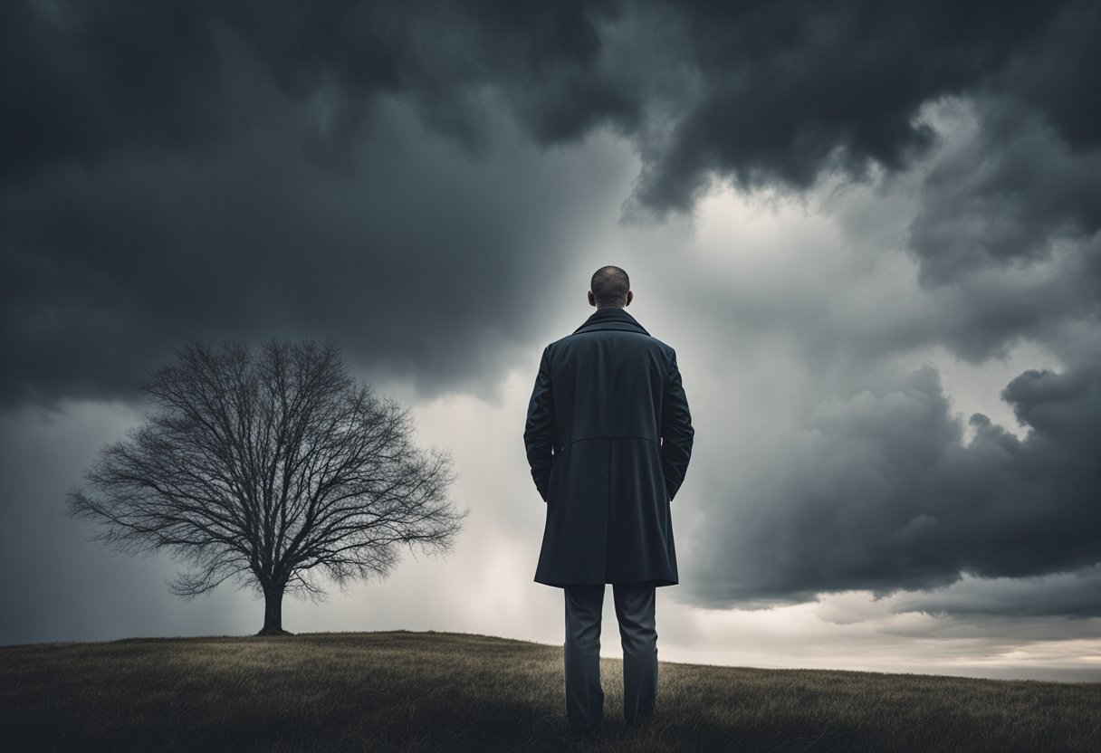 A man stands tall, facing a stormy sky. His determined gaze reflects strength and resilience, symbolizing his journey to regain control after a cancer diagnosis