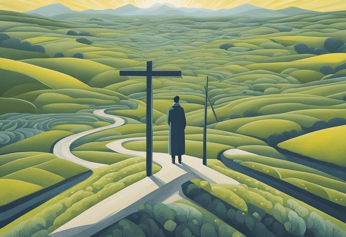 A determined figure stands at a crossroads, pondering various treatment paths. The landscape is filled with symbols of hope and resilience