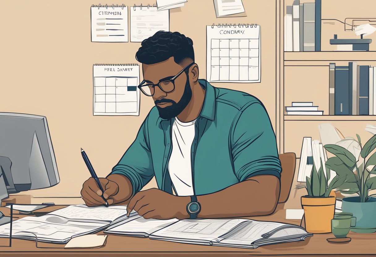 A man sits at a desk with a calendar, notebook, and pen, mapping out his post-diagnosis plan. He looks determined and focused on regaining control of his health journey
