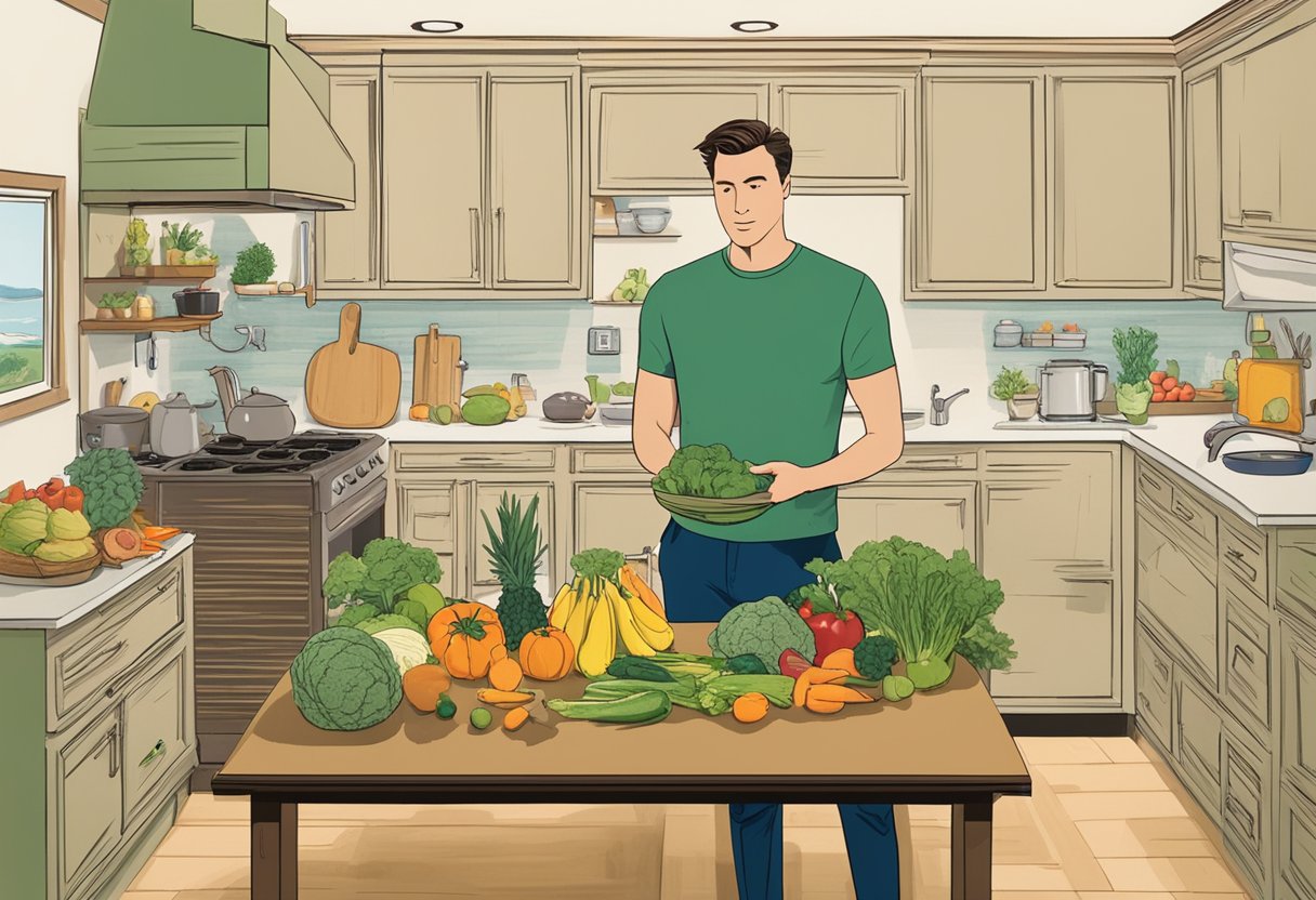 A man stands in a kitchen, surrounded by fresh fruits and vegetables. He prepares a balanced meal, symbolizing his commitment to regaining control of his health post-diagnosis