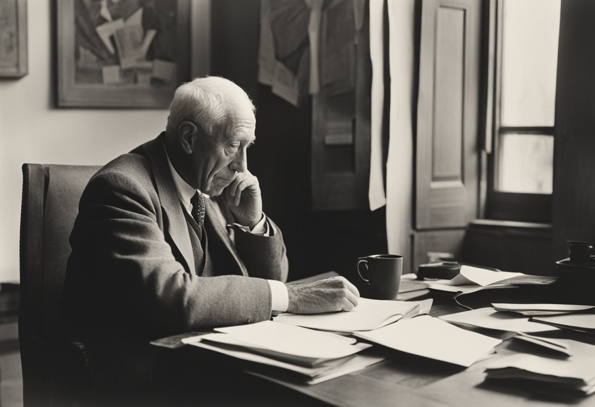A man sits at a desk, reviewing notes and preparing for an interview. He exudes strength and determination as he navigates a career transition while battling cancer