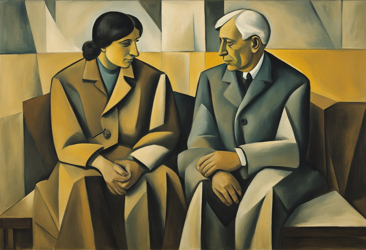 A couple sitting close, facing each other, sharing a tender moment. Soft lighting and warm colors create a comforting atmosphere
