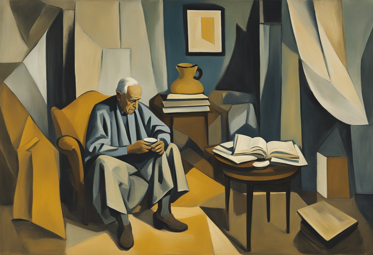 A man sits in a cozy room surrounded by soft blankets and warm lighting. He is engrossed in a book, with a cup of tea beside him. The atmosphere is calm and peaceful, providing a sense of comfort and relaxation