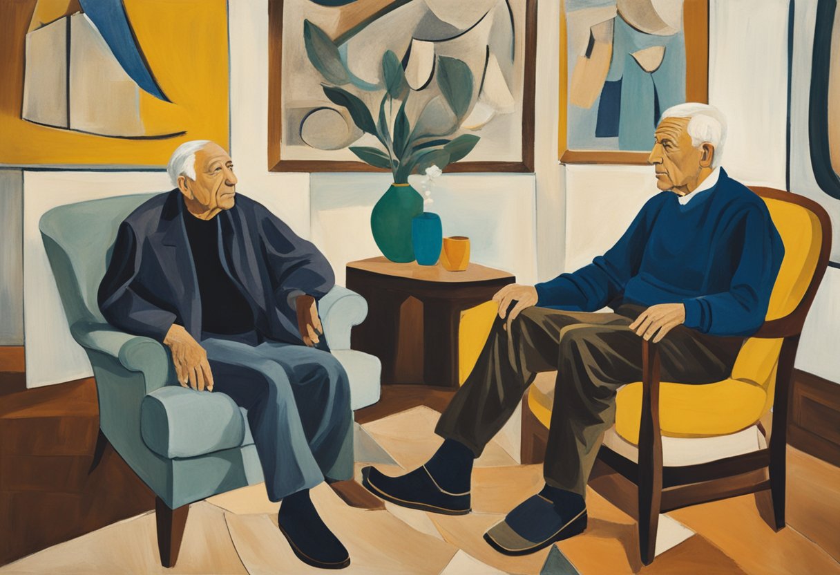 A male cancer warrior sits in a cozy living room, engaged in a heartfelt conversation with his partner. The room is filled with warmth and understanding, creating a safe space for open communication