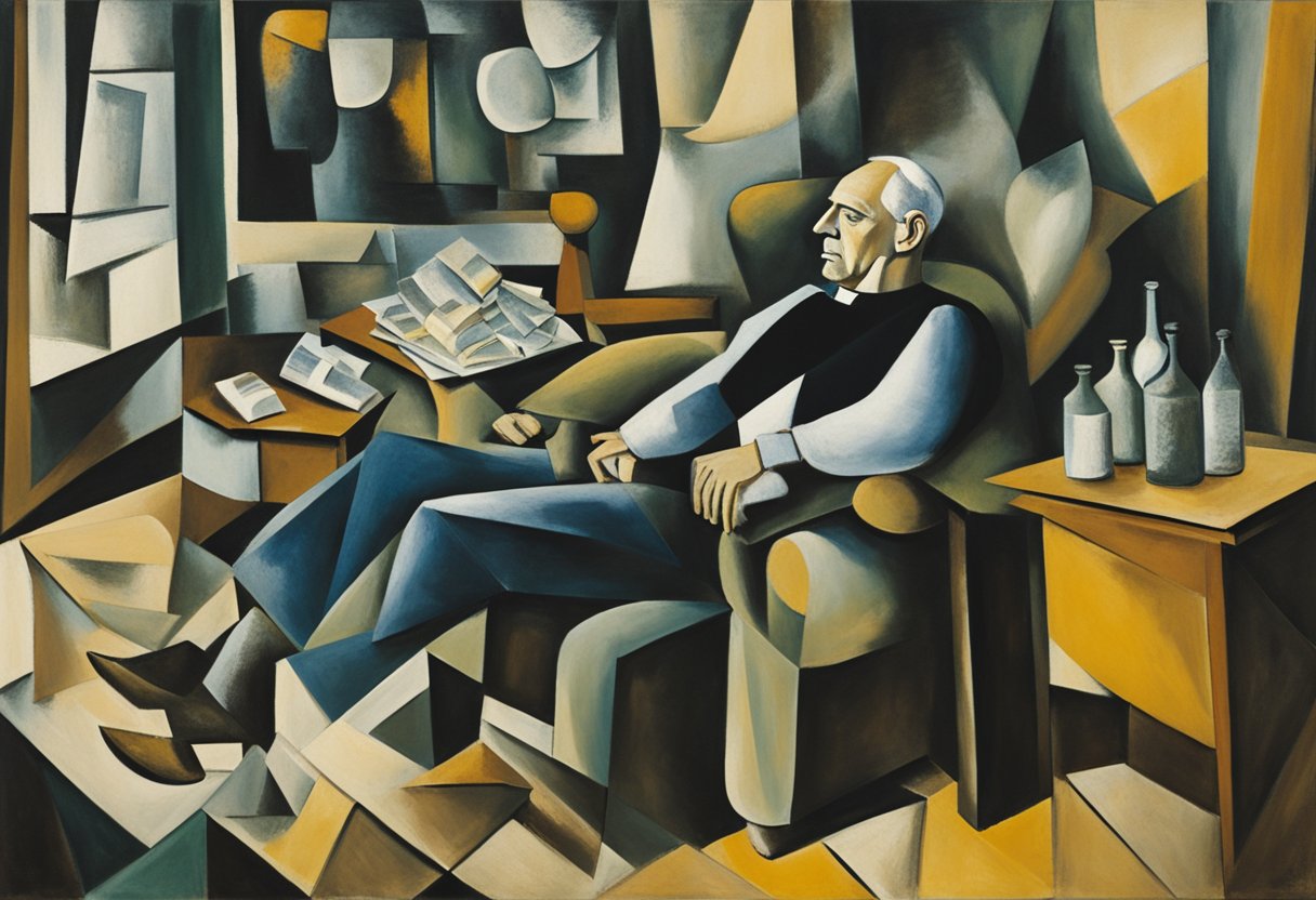 A man rests on a recliner, surrounded by empty pill bottles and a calendar with marked dates. A dimly lit room with a pile of unread books