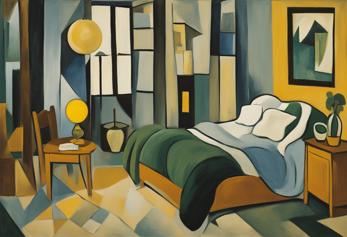 A peaceful bedroom with soft, dim lighting. A cozy bed with fluffy pillows and a warm blanket. A bookshelf filled with calming literature