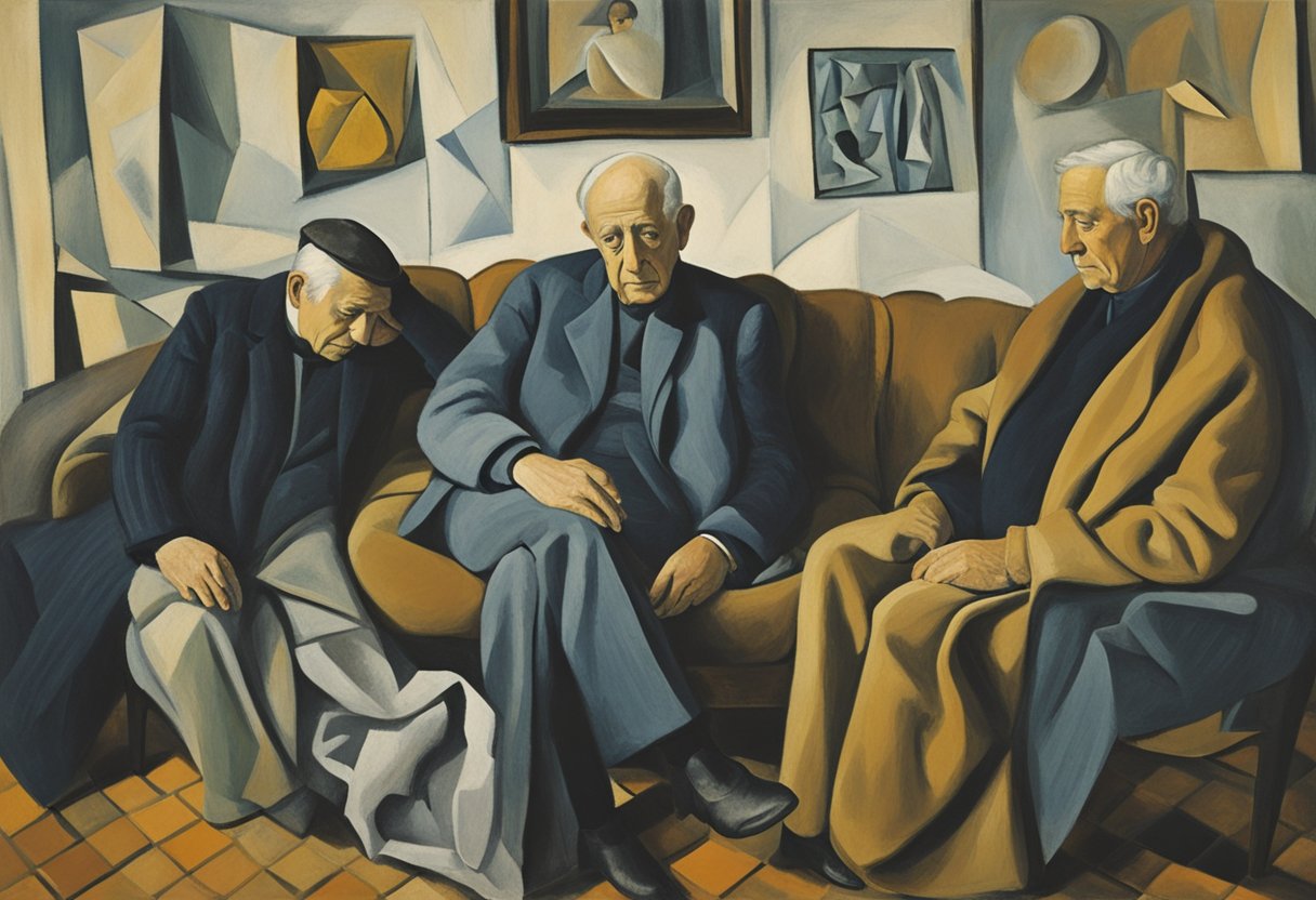 A man rests on a cozy couch with a warm blanket, surrounded by supportive friends and family. They offer comforting words and gentle gestures, creating a safe and nurturing environment for him to cope with chronic fatigue