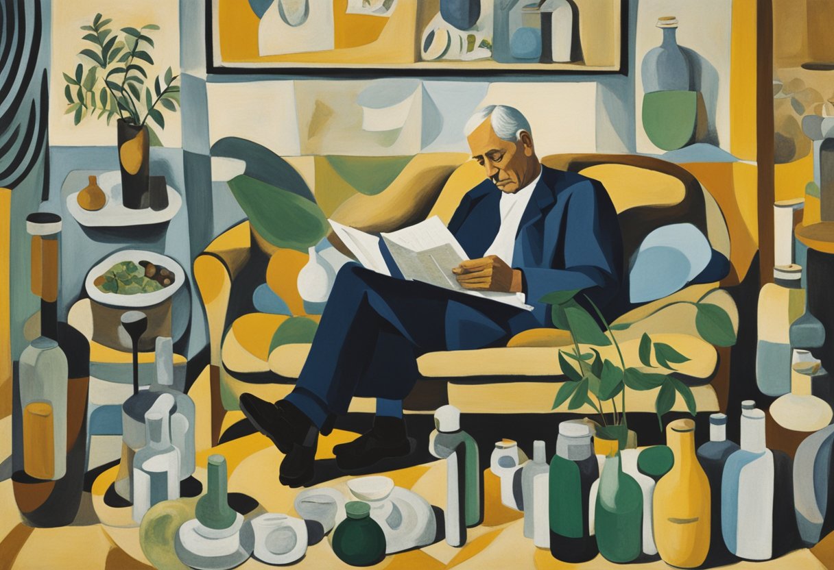 A man rests on a couch, surrounded by prescription bottles and herbal remedies. His calendar is filled with doctor's appointments and self-care activities
