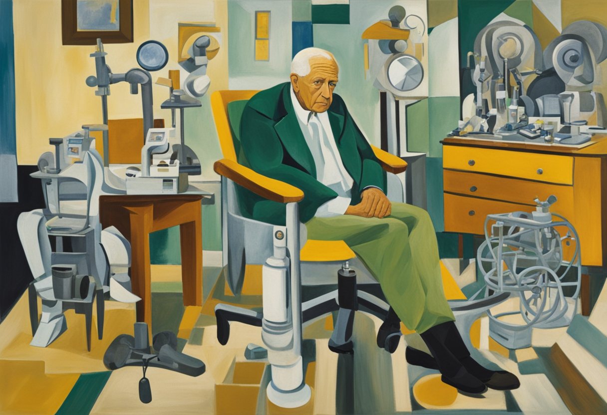 A male cancer warrior sits in a doctor's office, surrounded by medical equipment and treatment options. He looks tired but determined, symbolizing the struggle against chronic fatigue during cancer treatments