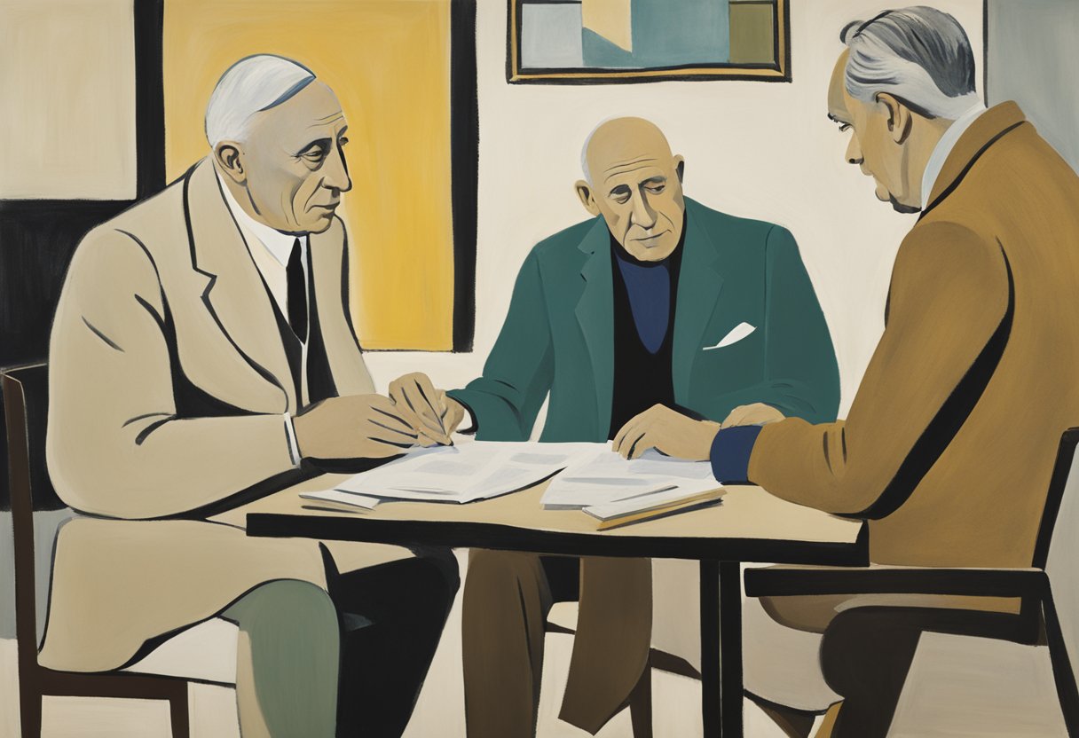 A male cancer warrior sits at a desk, reviewing financial documents with a financial planner. A comprehensive care plan is laid out on the table