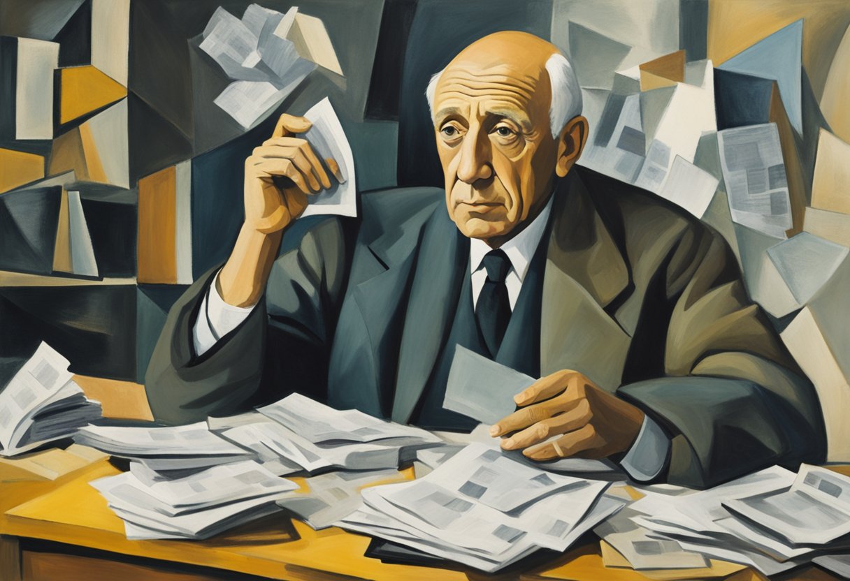 A man sits at a desk, surrounded by financial documents and a laptop. He looks determined, with a focused expression as he plans for his financial future post-cancer treatment