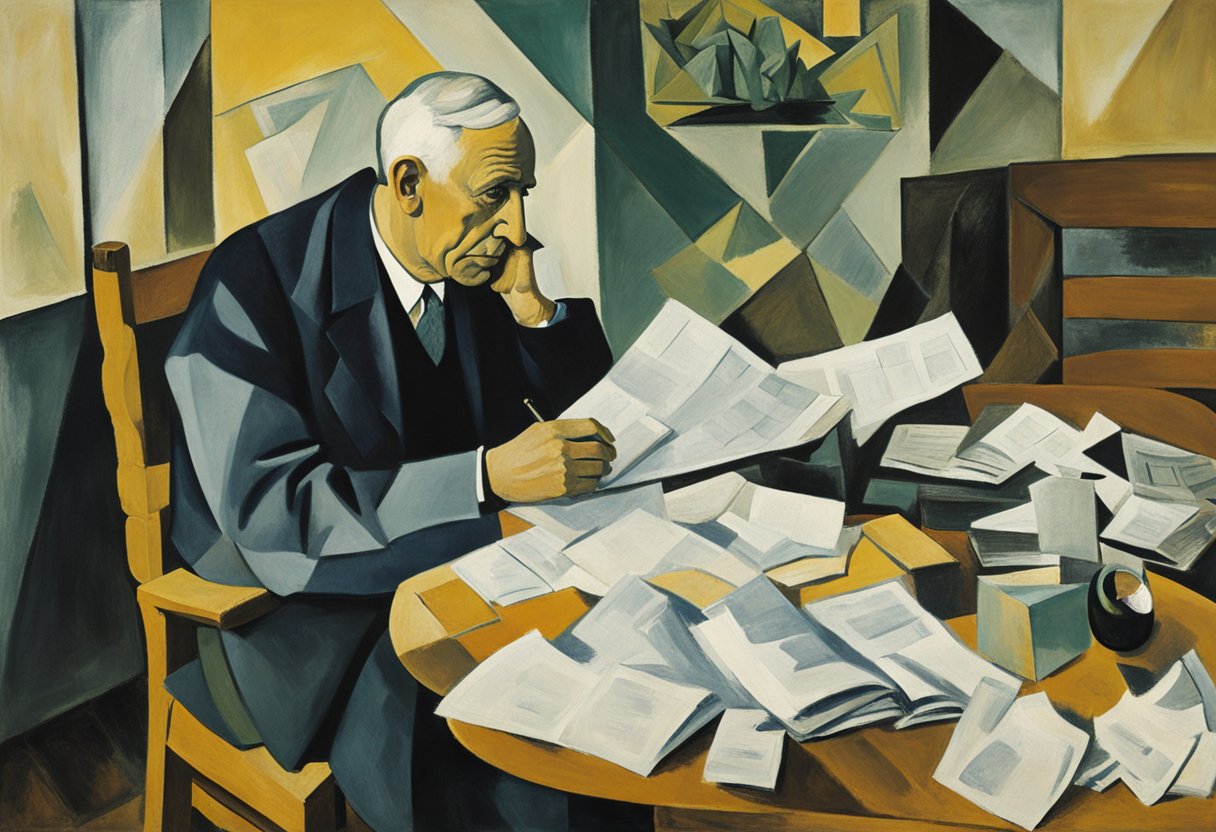 A man sits at a desk, reviewing financial documents. A laptop and calculator are on the table. A sense of determination is evident in his posture