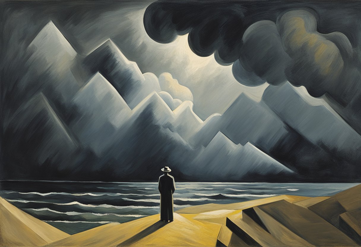 A lone figure stands tall, surrounded by a dark storm. A beam of light breaks through, symbolizing hope and strength