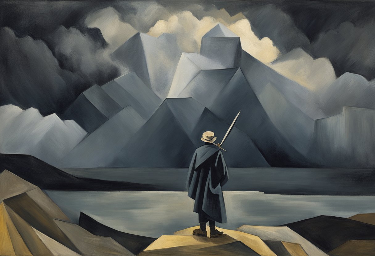 A lone figure stands atop a mountain, surrounded by dark storm clouds. He holds a sword aloft, his eyes filled with determination and strength