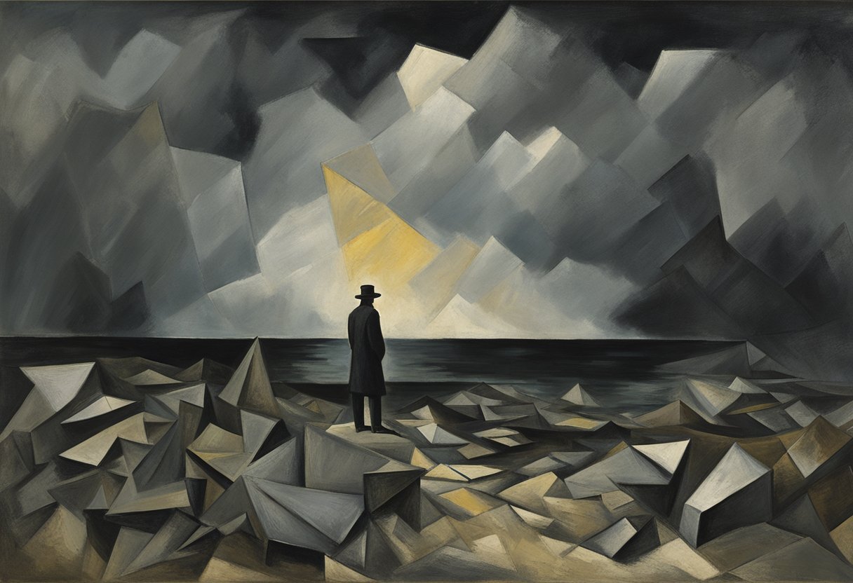 A lone figure stands in a dark, stormy landscape, surrounded by wreckage. The figure's posture exudes strength and determination, symbolizing the overcoming of survivor's guilt