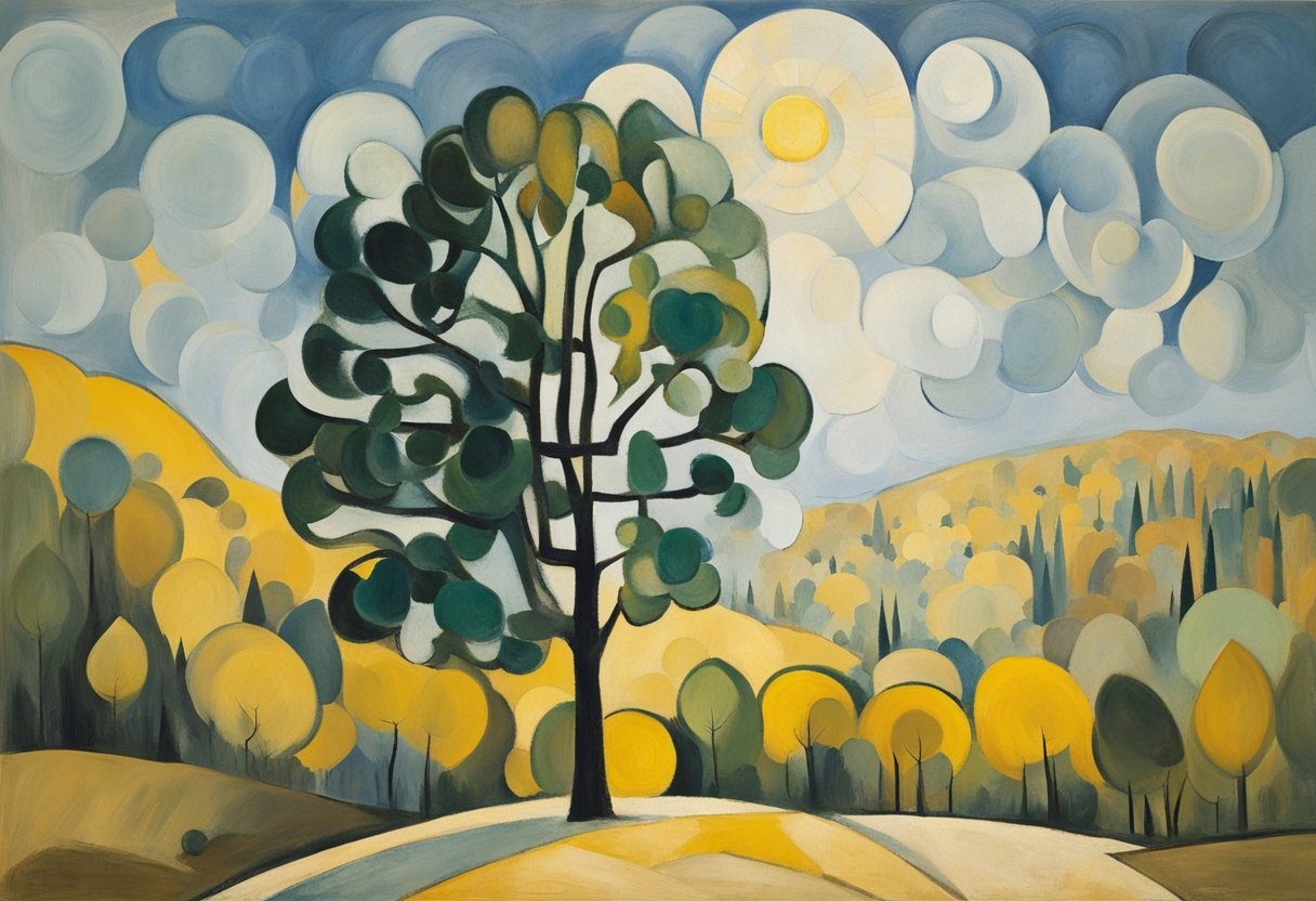 A lone tree stands tall amidst a forest, leaning slightly but supported by surrounding trees. The sun shines down, casting a warm glow on the resilient tree