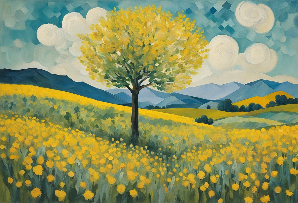 A lone tree stands tall amidst a field of wildflowers, symbolizing resilience and growth. The sun shines brightly, casting a warm glow over the landscape, representing hope and strength