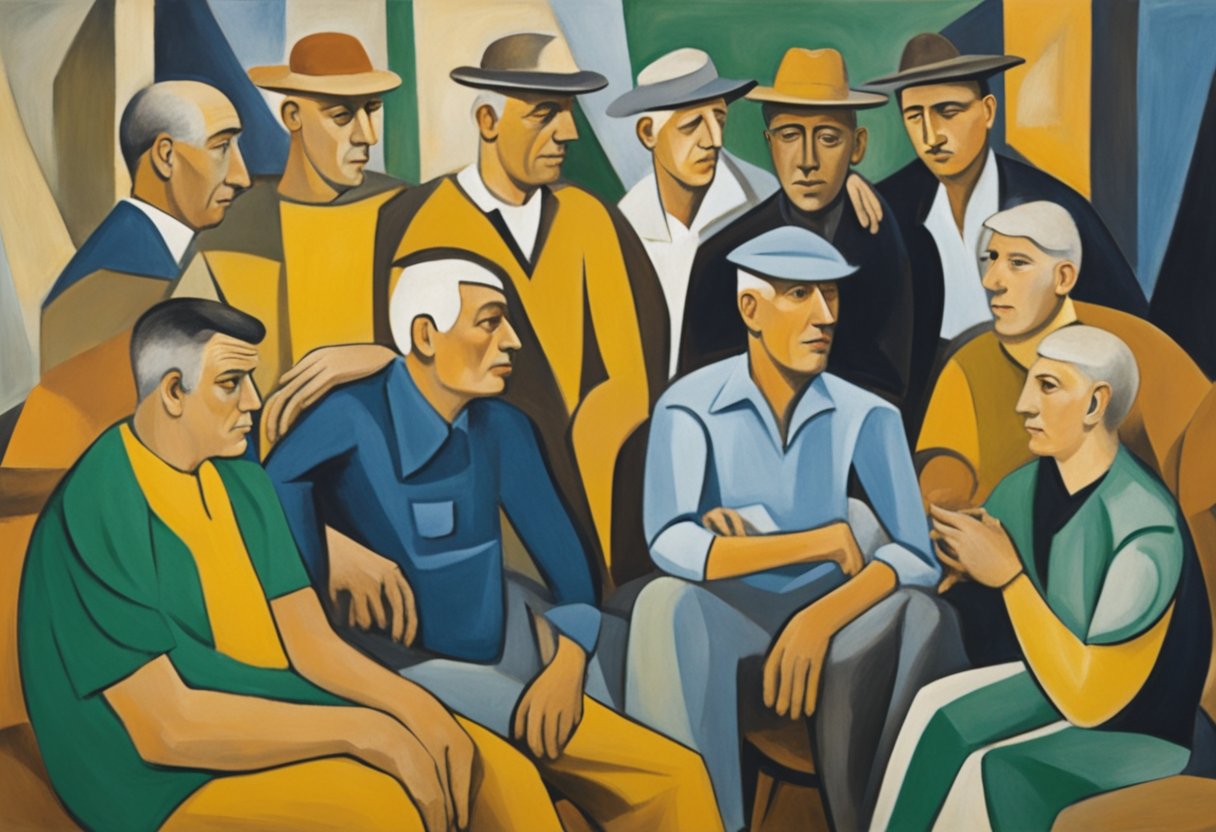 A male cancer warrior surrounded by supportive friends, practicing coping strategies and stress management techniques