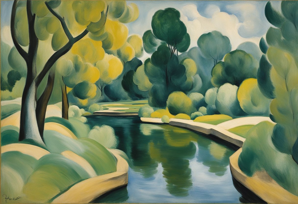 A serene landscape with a peaceful stream, surrounded by lush greenery and a gentle breeze, evoking a sense of calm and tranquility