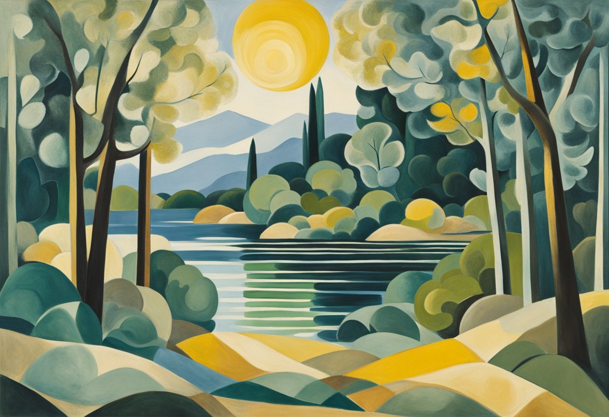 A serene setting with a calm atmosphere, incorporating nature elements like trees, water, and sunlight. The scene should convey a sense of peace and tranquility, symbolizing the use of cognitive behavioral approaches to manage stress for a male cancer warrior