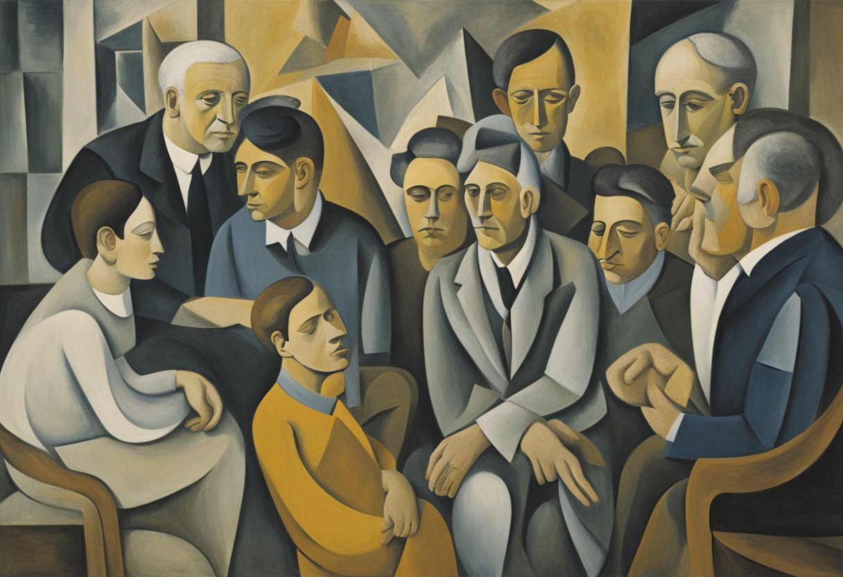 A man engages in brain exercises, surrounded by supportive friends and family