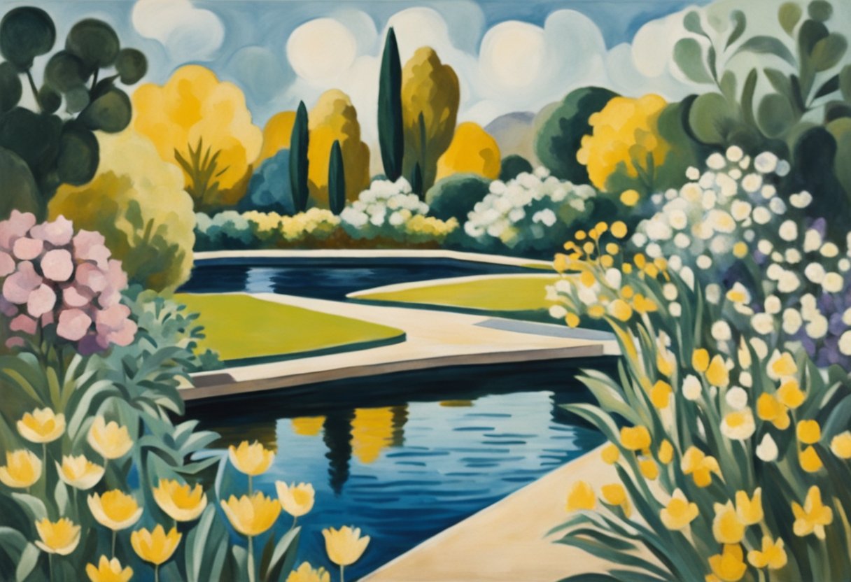 A serene, sunlit garden with blooming flowers and a peaceful pond, symbolizing the role of physical and mental health in improving cognitive function for a male cancer warrior