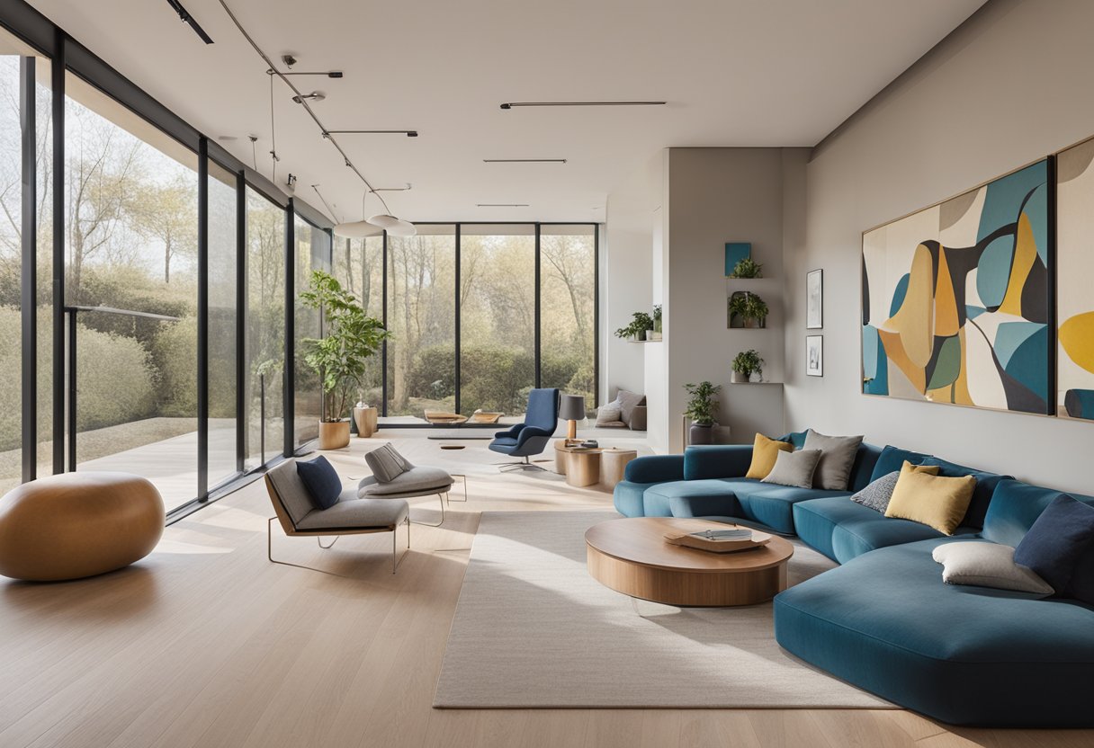 A modern, tech-equipped home with calming colors and natural light. Personalized exercise and relaxation spaces for a male cancer survivor