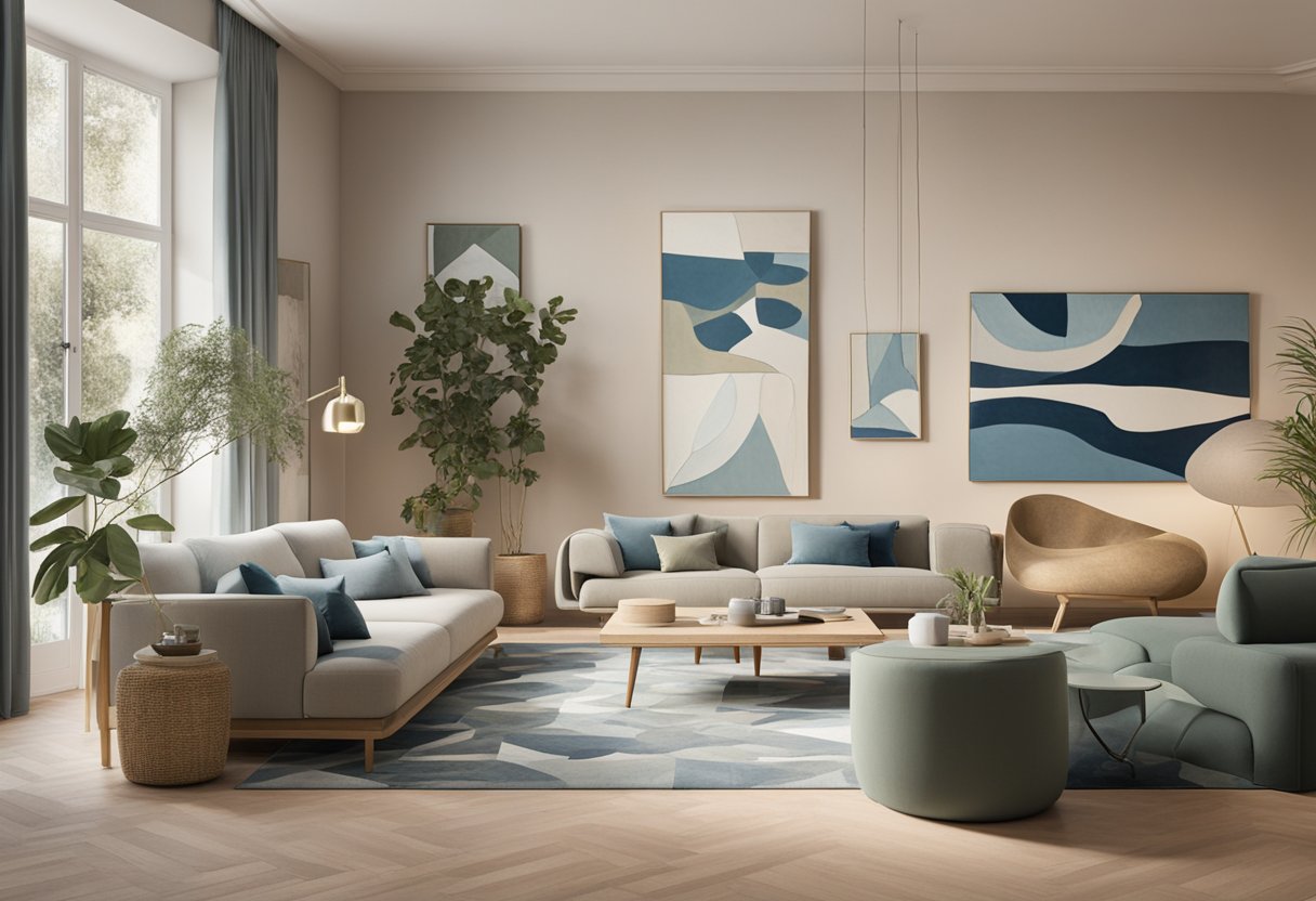 A cozy living room with adjustable furniture and smart technology. A serene atmosphere with natural light and calming colors