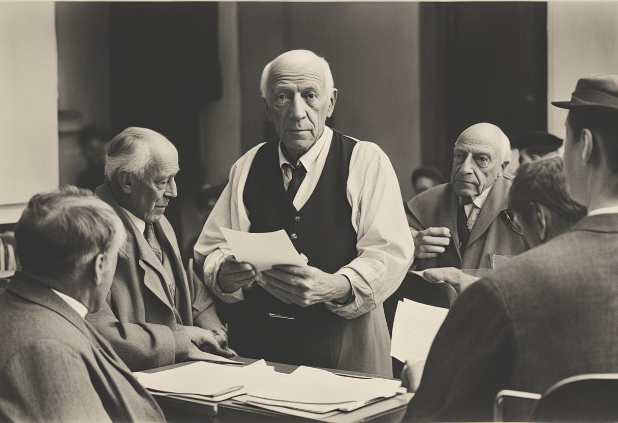 A man confidently speaks to a group of medical professionals, holding a folder of documents. He gestures assertively, advocating for his healthcare needs
