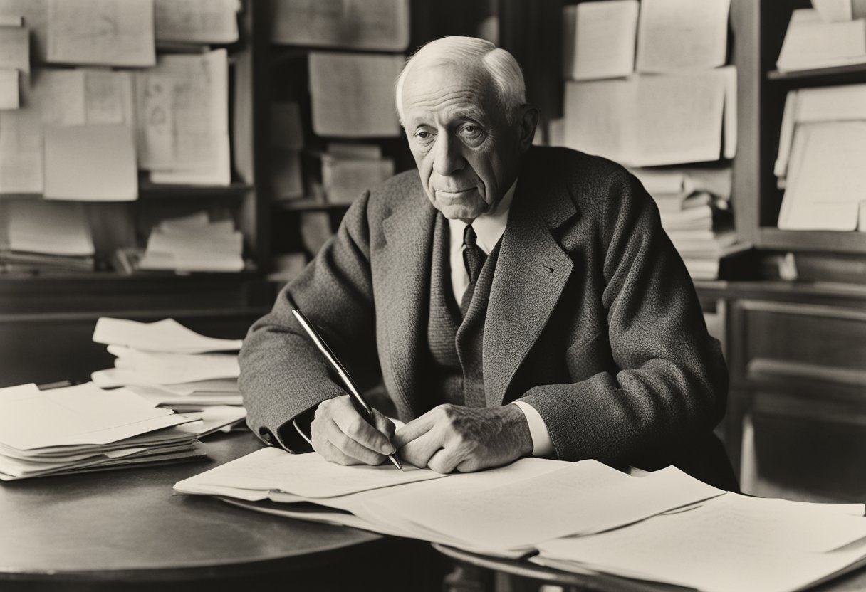 A man stands confidently, surrounded by medical charts and research papers. He holds a pen and notebook, ready to take charge of his healthcare journey