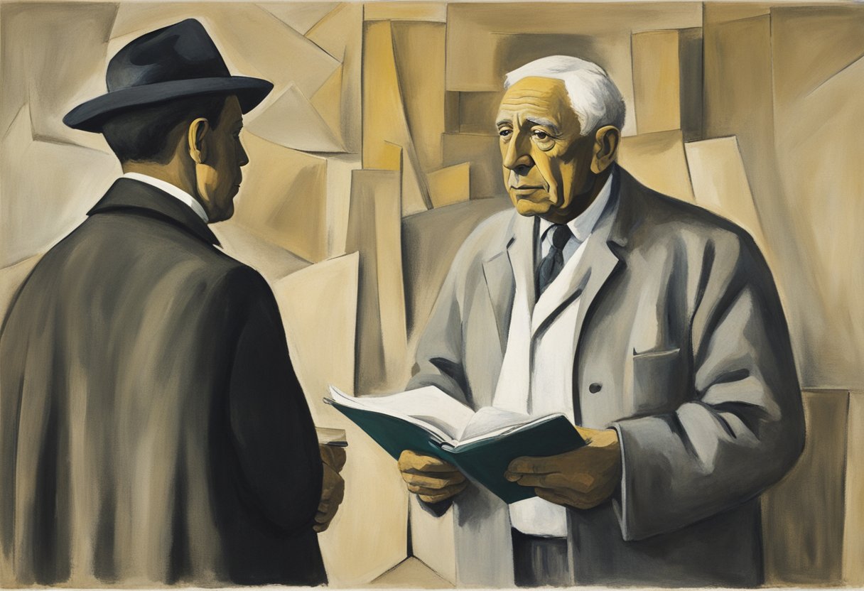 A man confidently speaks with medical professionals, holding a folder of information. He stands tall, determined in his fight against cancer