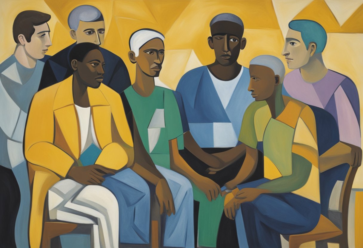 A group of diverse individuals gather around a male cancer warrior, offering support and guidance in a healthcare setting