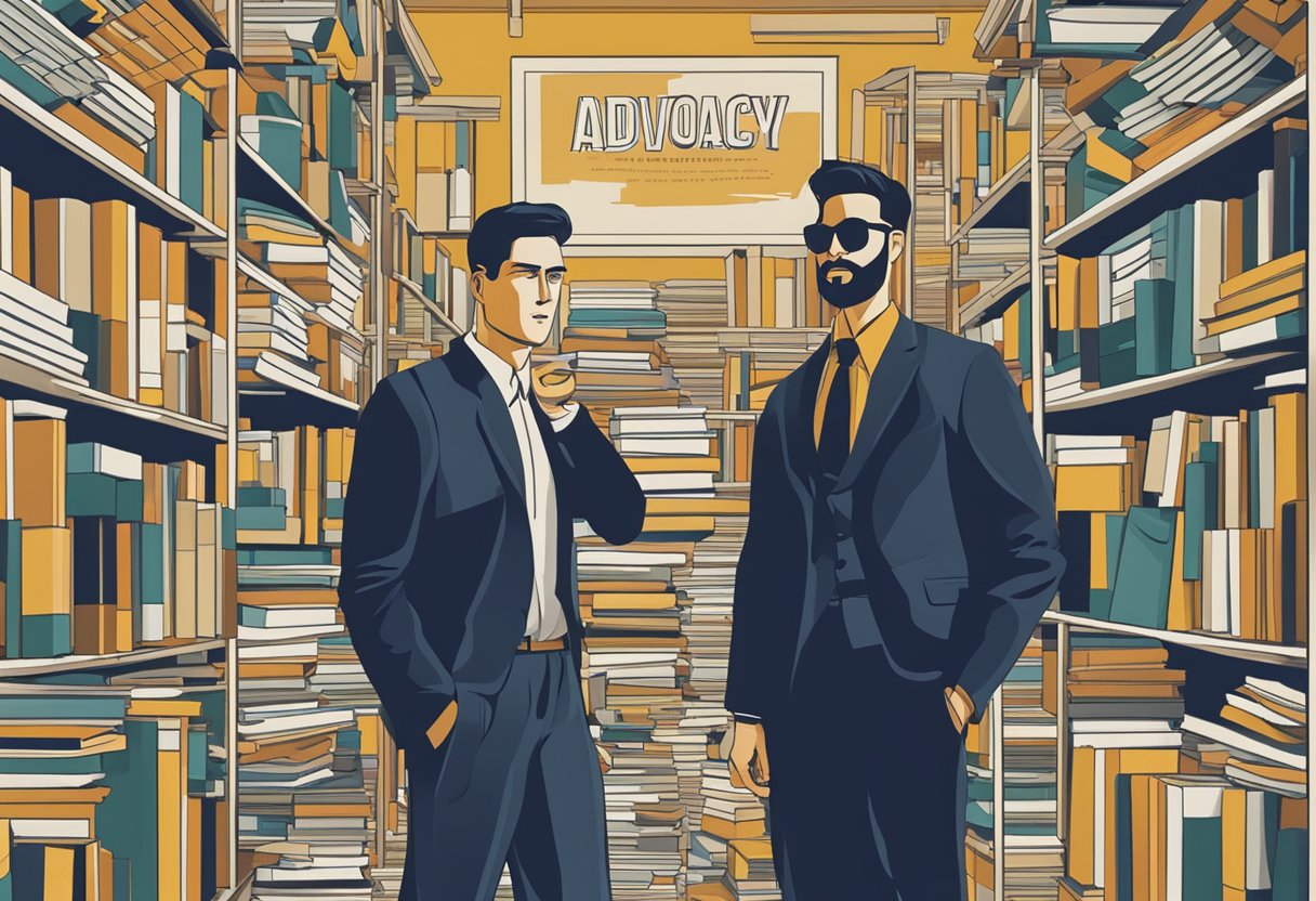 A male figure stands confidently, surrounded by books and educational materials. A banner with the words "Advocacy" and "Emotional Independence" hangs in the background