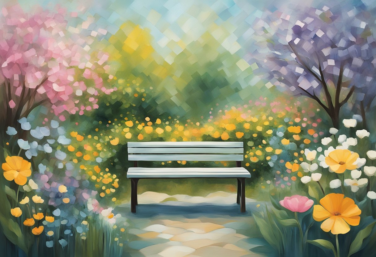 A serene garden with a gentle breeze, blooming flowers, and a comforting bench symbolizing emotional and spiritual support for a male cancer survivor
