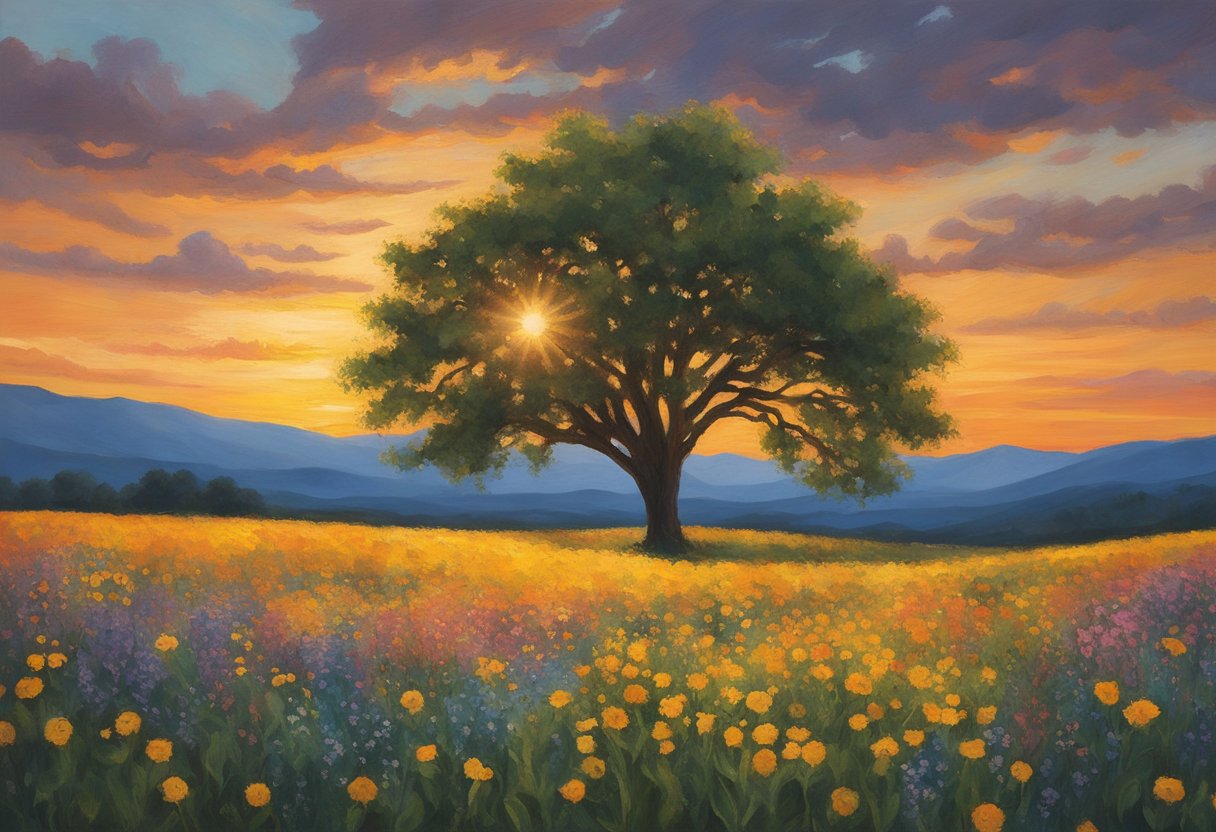 A lone tree stands strong amidst a field of wildflowers, symbolizing resilience and hope. The sun sets in the background, casting a warm glow over the scene