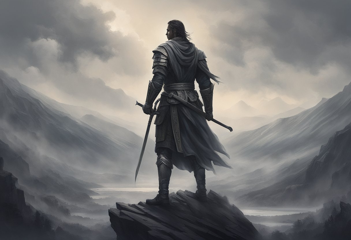 A lone figure stands tall, surrounded by symbols of strength and resilience. The warrior's presence exudes determination and empowerment