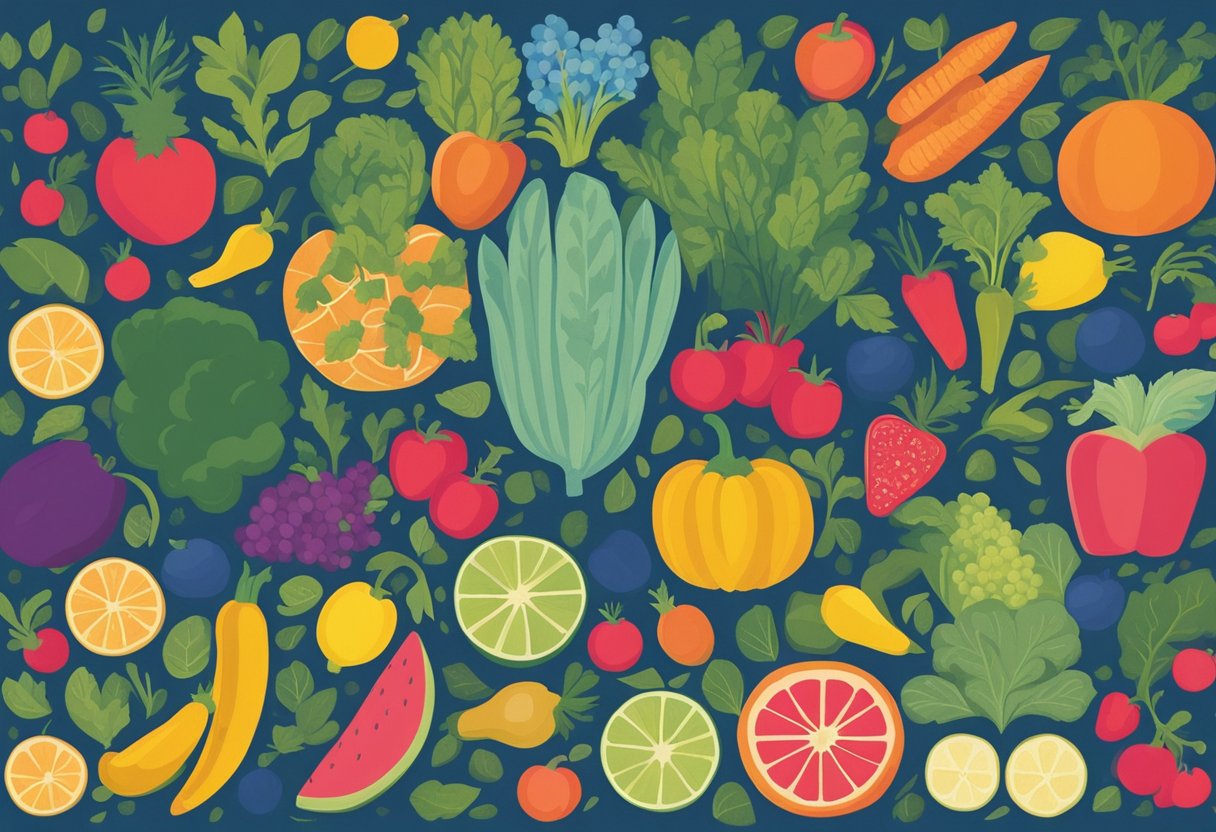 A vibrant garden with colorful fruits and vegetables, a clear blue sky, and a sense of empowerment and strength emanating from the scene