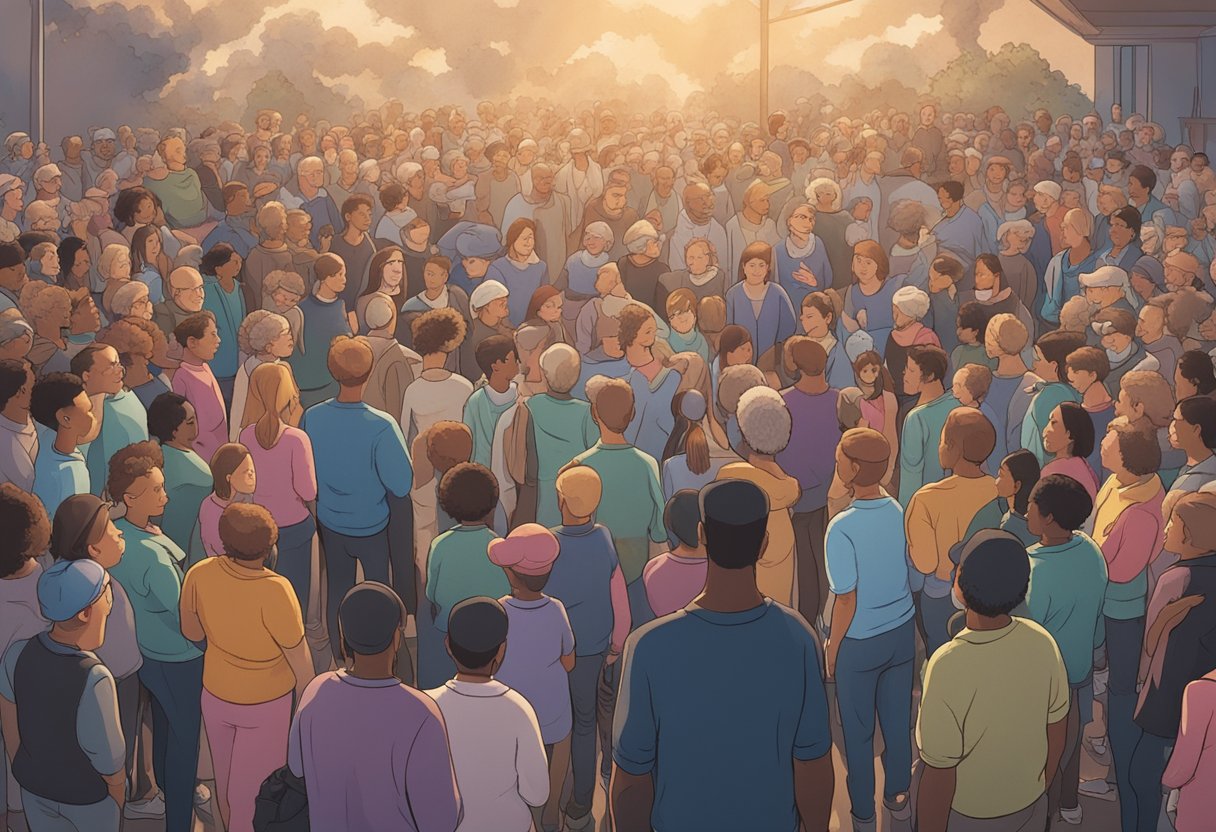 A man stands surrounded by a supportive cancer community, reclaiming his personal agency. The scene is filled with hope and strength