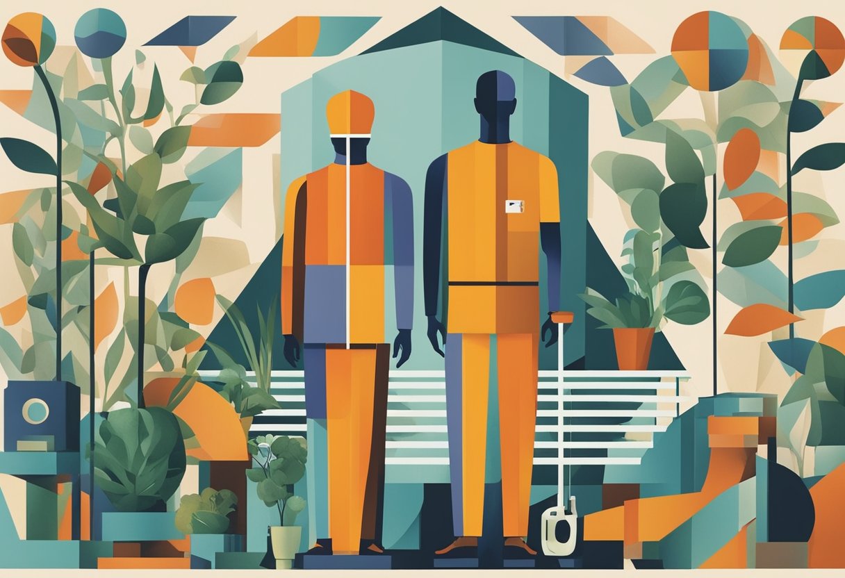 A lone figure stands strong, surrounded by medical equipment and plants, symbolizing the emotional journey of a male cancer warrior seeking treatment and healthcare