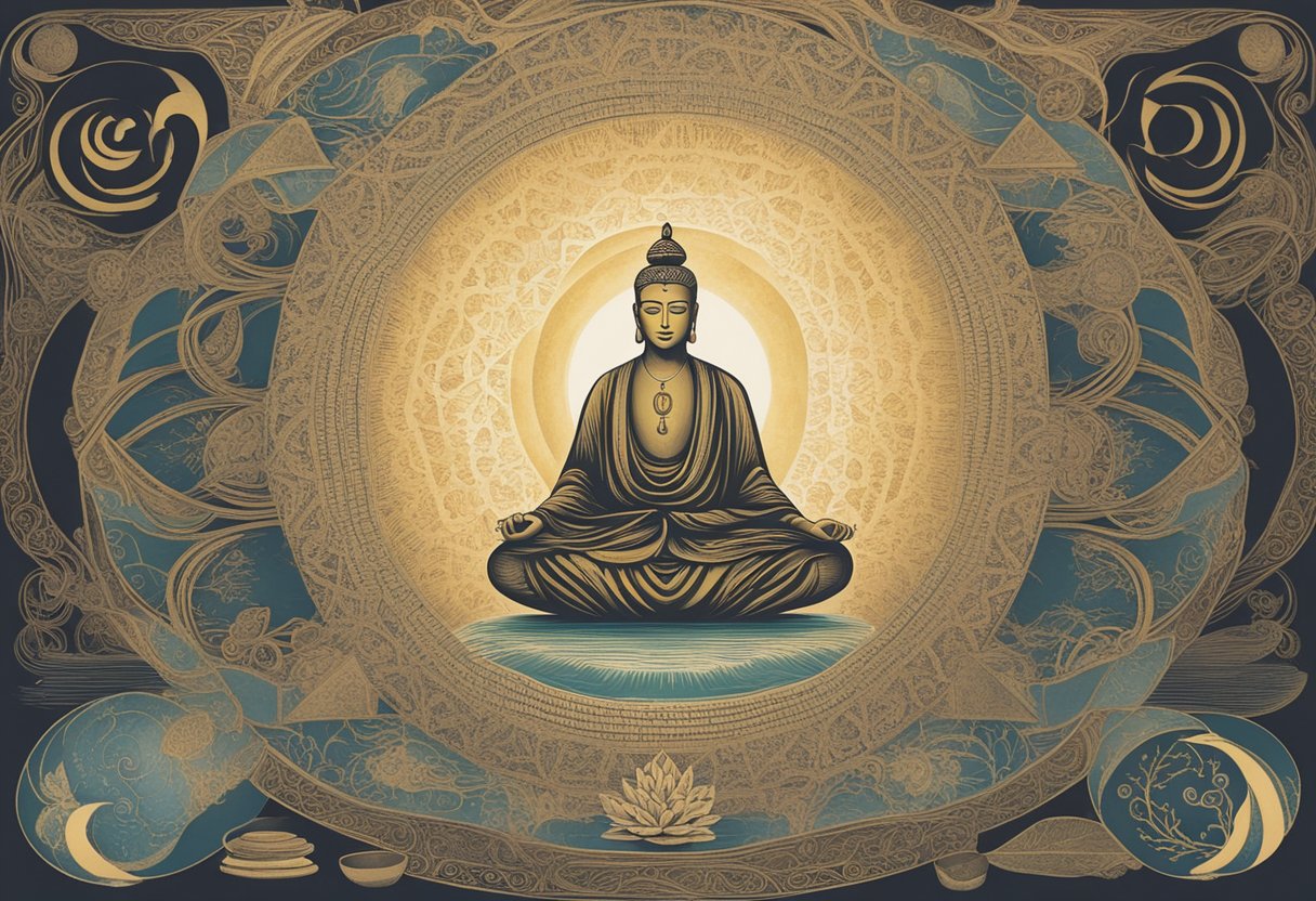 A serene figure meditates in a tranquil setting, surrounded by symbols of spirituality and empowerment