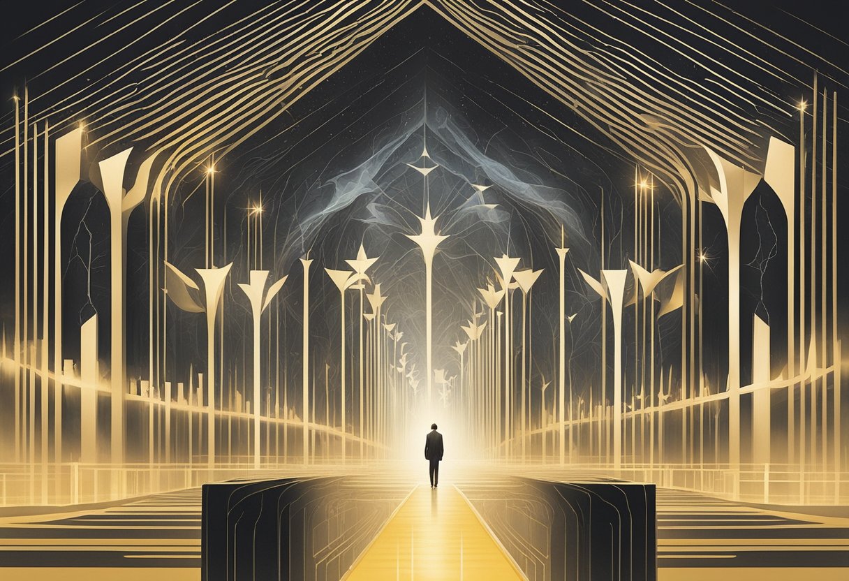 A figure stands tall, surrounded by symbols of strength and resilience. Rays of light pierce through the darkness, illuminating the path forward