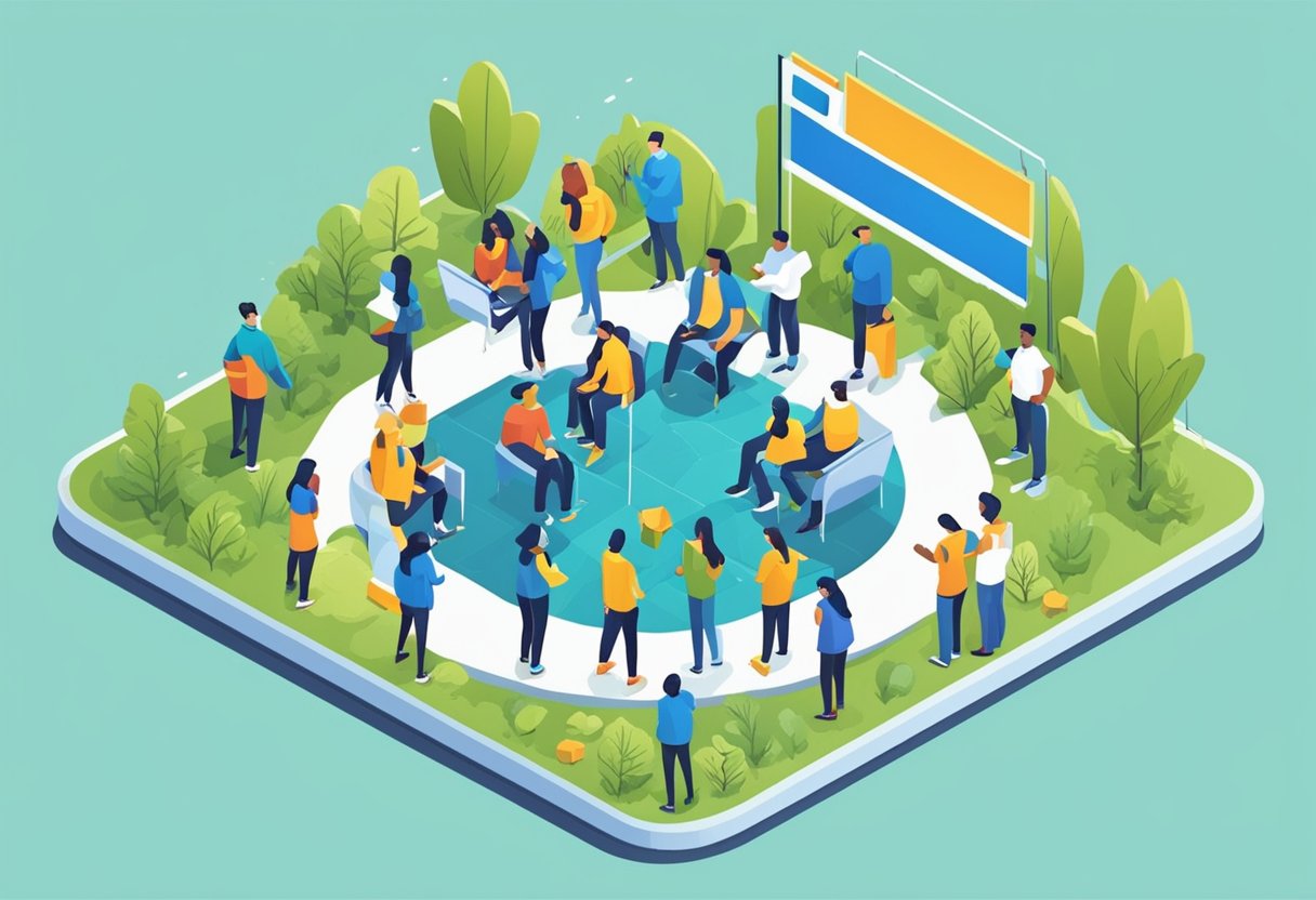 A group of people engage in trust-building activities, focusing on communication