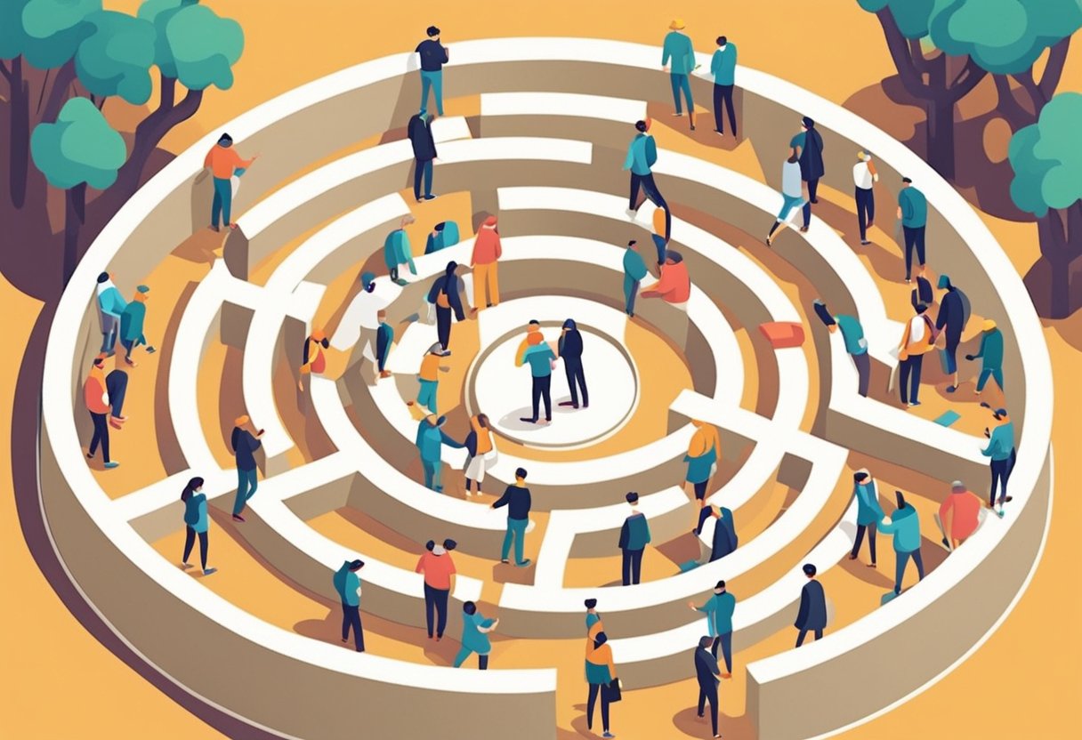A group of people stand in a circle, blindfolded, guiding each other through a maze of obstacles. They communicate and rely on each other for support