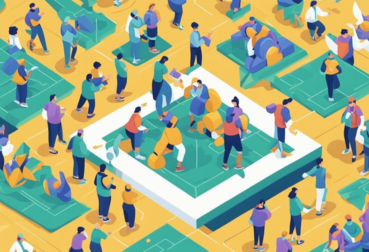 A group of people engage in trust-building activities, symbolizing healing and growth. A male cancer warrior participates in the activities, showing strength and resilience